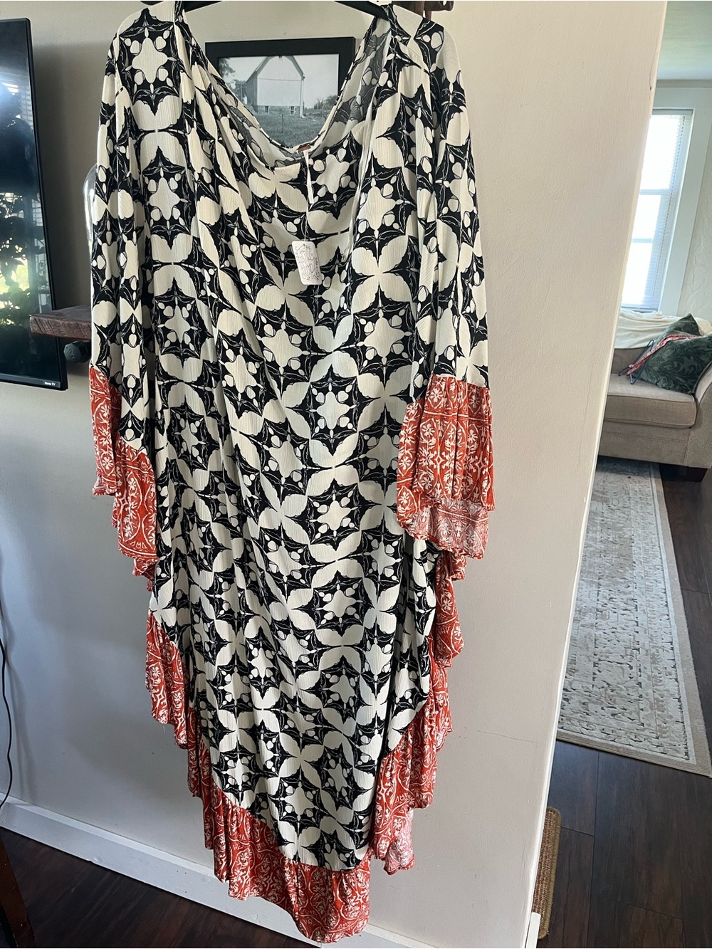 Free People Black & White Geometric Maxi Dress with Rust Trim